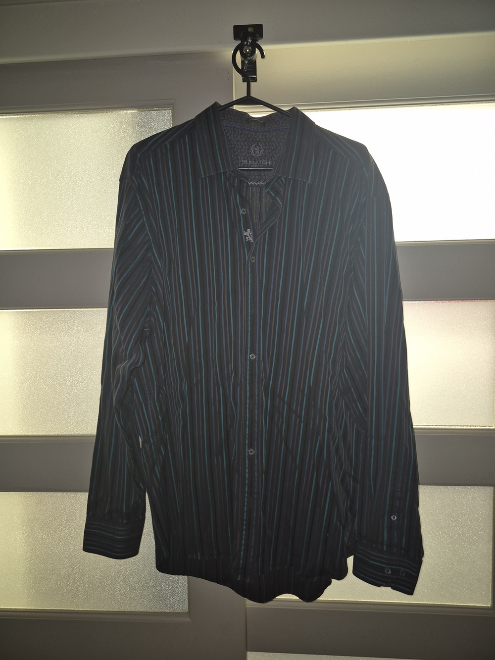 Bugatchi Black Shirt Jacket with Teal & Blue Pinstripes